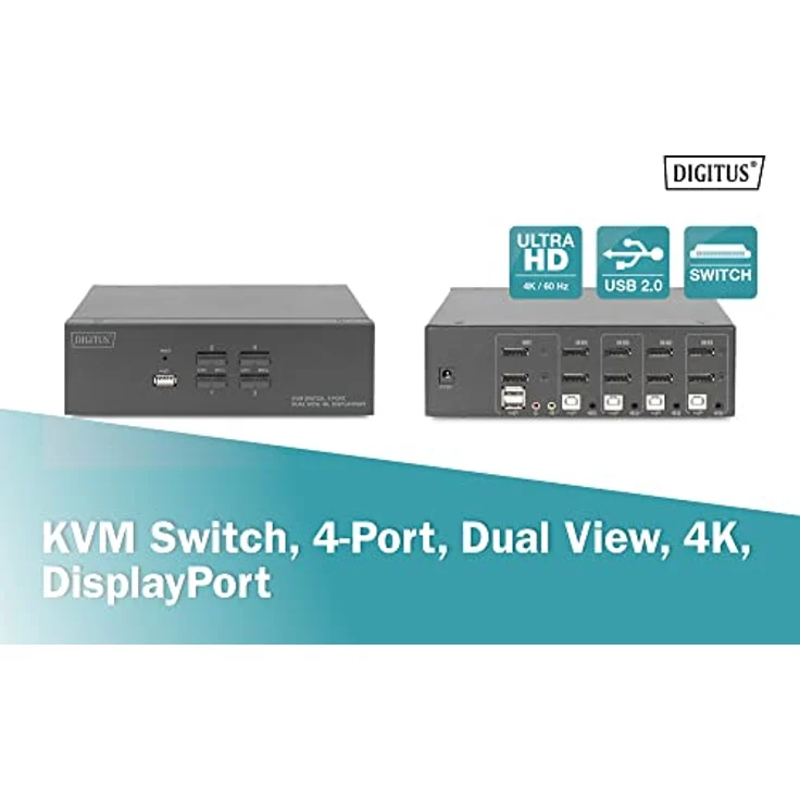 DIGITUS KVM-Switch DisplayPort – 4-Port Dual-Display – 4 PC 2 Monitore – 1x Maus, Tastatur & Audio für 4 Computer – UHD 4K@60Hz (3840 x 2160p) – Hot-Key Umschalter – 1x USB 2.0 Hub – Schwarz – Bild 2