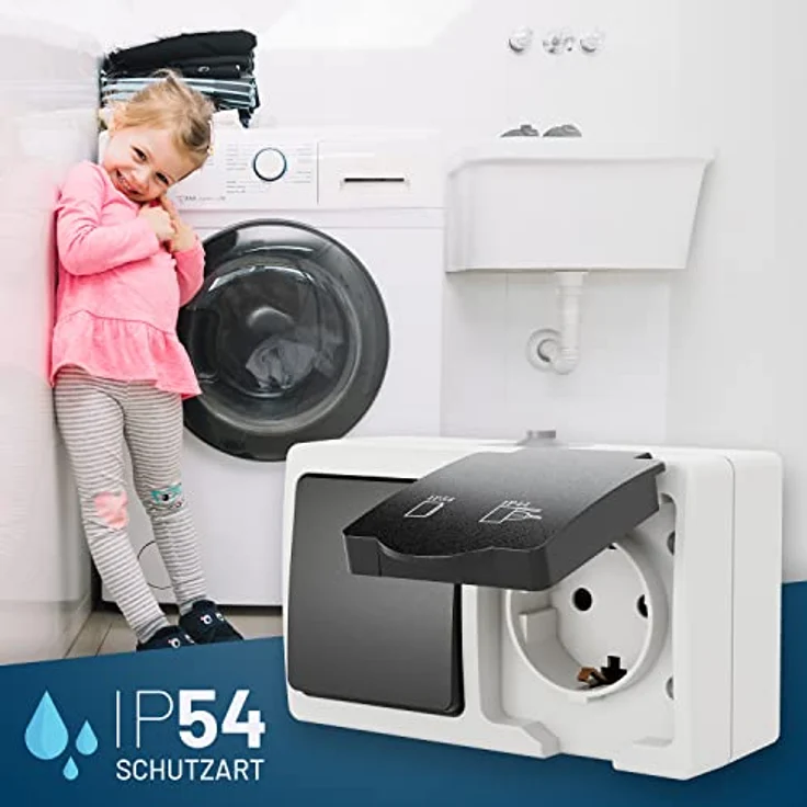 greate 20x Aufputz Schalter Steckdose Kombination mit IP44 für Feuchtraum, grau - Schalter Wechselschalter 250V & 16A, Kunststoffplättchen, 2 Leitungseinführungen – Bild 2