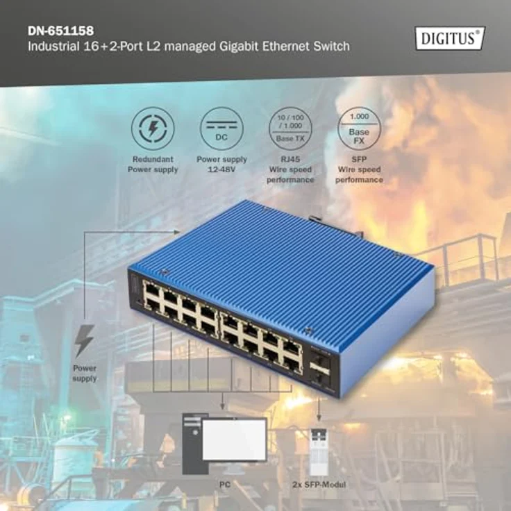 DIGITUS industrieller Managed 18-Port Gigabit Ethernet Netzwerk-Switch - 16x RJ45 + 2X SFP-Uplink - 1x Console Port - L2 Managed - Hutschienenmontage - 10/100/1000Mbps – Bild 4