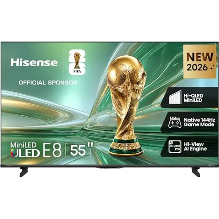 Hisense ULED 55E8S, 55 Zoll MiniLED QLED-Fernseher mit 4K Ultra HD, Triple Tuner und Dolby Atmos