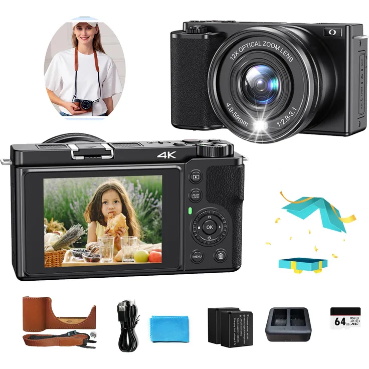 OKA 64MP Digitalkamera für Einsteiger mit 4K Video – 12X optischer Zoom, 2 Akkus & Lederhülle, kompakt für Reisen, Vlogs & Familienfotos