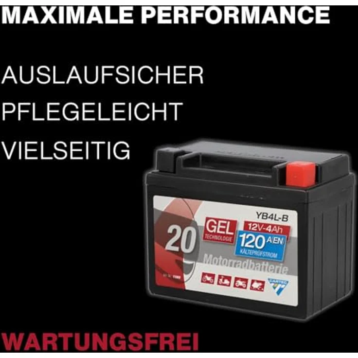 Cartec Gel Motorradbatterie YB4L-B, 4Ah 120A, wartungsfrei und auslaufsicher mit hoher Startkraft – Bild 6