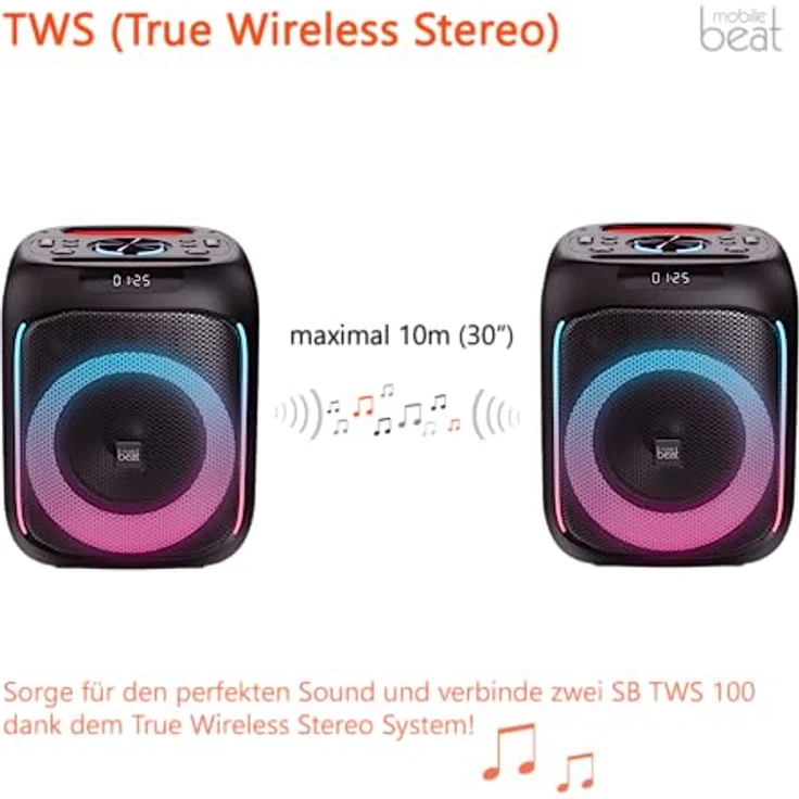 Mobile Beat SB-TWS 100 BT Soundbox, bis zu 7h Laufzeit, LED-Lichtefeekte, praktischer Tragegriff, Akku, USB-Ladefunktion für Externe Geräte – Bild 5