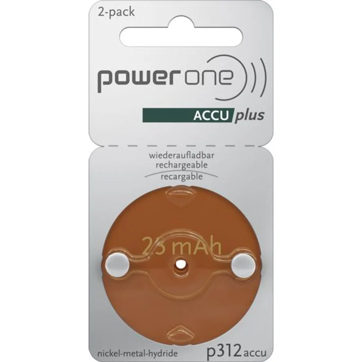 PowerOne P312 PR41 ACCUplus – Wiederaufladbare Hörgeräteakkus mit 1,2 V und 23 mAh, 2er Pack