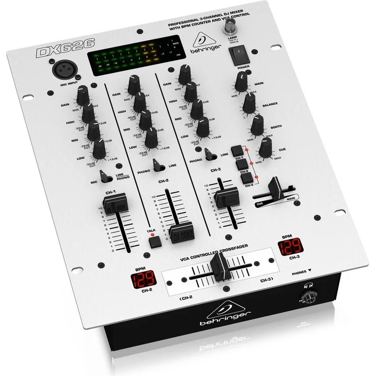 Behringer DX626 Pro, 3 Kanal DJ Mixer mit Ultraglide-Fadern, Dual Auto-BPM-Counter und Talkover-Funktion, Silber