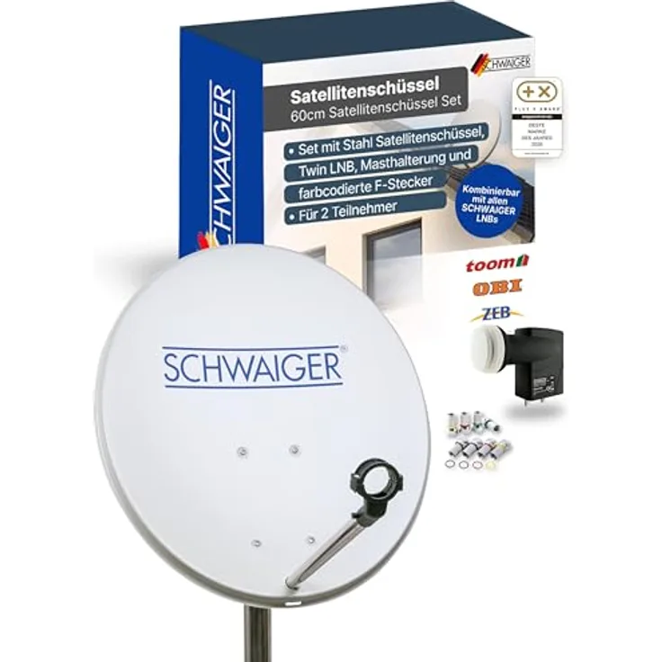 SCHWAIGER Satellitenschüssel Komplettset Ø 60 cm, Stahl Offset Antenne in Hellgrau, inkl. sonnengeschütztem Twin LNB, HD & 4K Empfang, hitzebeständig & wetterfest