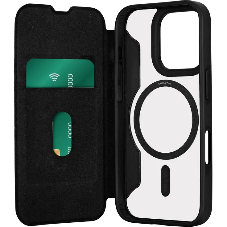 sbs mobile Puro Book Mag Case für Apple iPhone 16 Pro Max, Schwarz, mit integrierter Brieftaschenfunktion und Hardcover-Schutz
