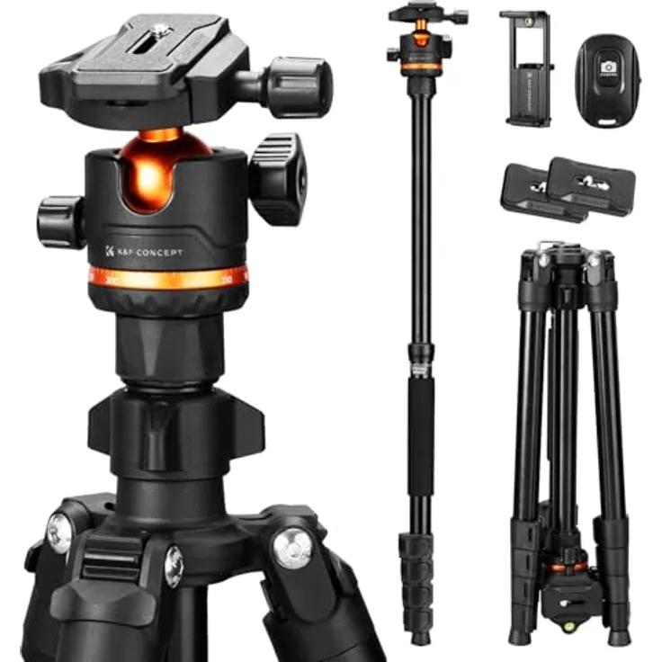 K&F CONCEPT O275A5+BH-36, 192cm Aluminium Kamerastativ mit Handyhalterung und Bluetooth-Fernbedienung, tragbar, abnehmbares Einbeinstativ, 36mm Kugelkopf mit 8kg Tragkraft