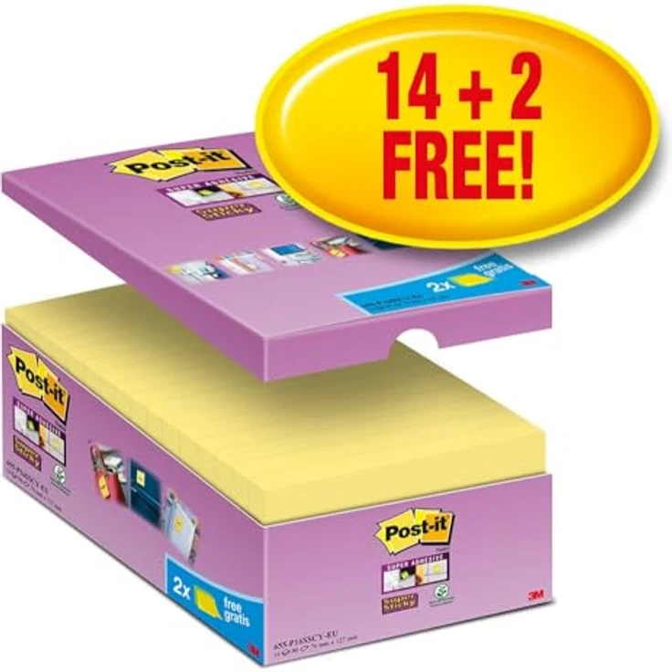 Post-it Notes Super Sticky Haftnotizblock 127x76mm, 90 Blatt, gelb, VE=16 B, rückstandsfrei und superstark – Bild 2