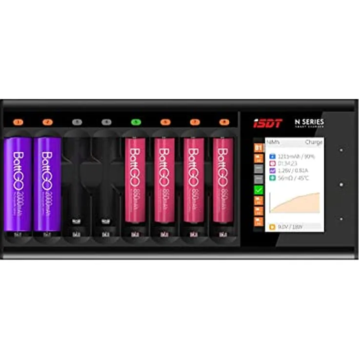 ISDT N8 Universal-Batterieladegeräte,LCD-Digtal-Ladegerät,8-Slot Speedy Smart Battery Schnellladegerät für Wiederaufladbare Batterien AA AAA Li-lon LiHv NI-MH NI-Cd LiFePO4 Entladeschutzfunktion