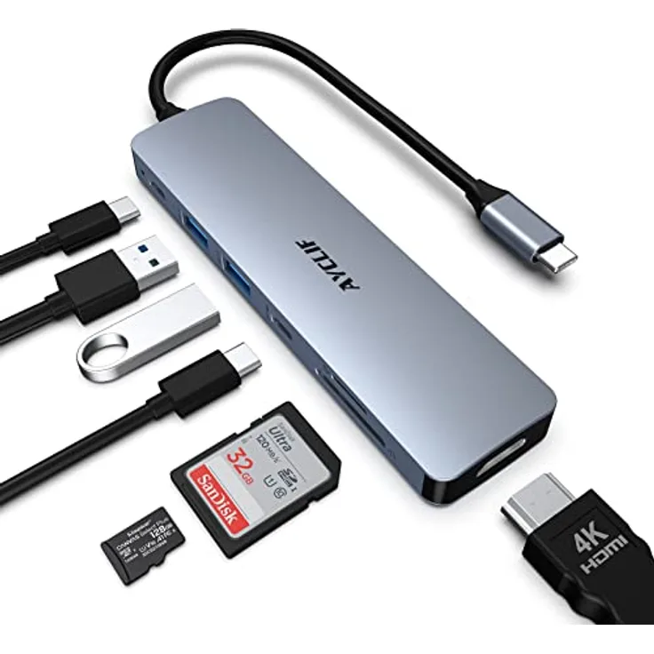 7 in 1 USB C Hub AYCLIF USB C Adapter,USB C zu HDMI Dual Monitor für MacBook Pro/Air, HP, Dell, Surface, Multiport USB C Dockingstation (4K HDMI,100W PD,2 USB A 3.0,USB C 3.0,SD/TF-Kartenleser)