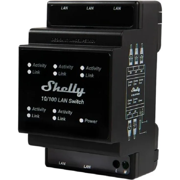 Shelly Hutschiene LAN Switch 5 Ports 10/100 Mbit Schwarz, Netzwerk Switch