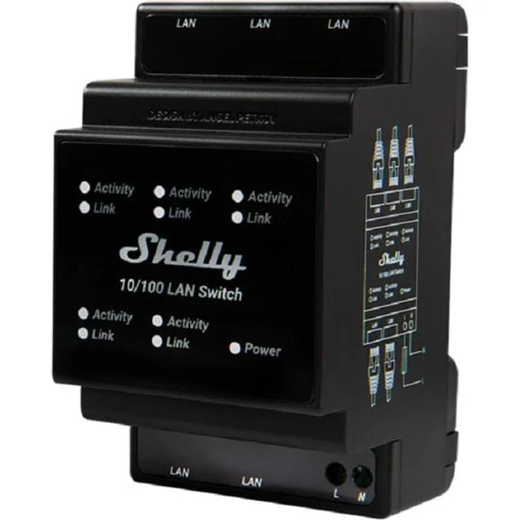 Shelly Hutschiene LAN Switch 5 Ports 10/100 Mbit Schwarz, Netzwerk Switch – Bild 1