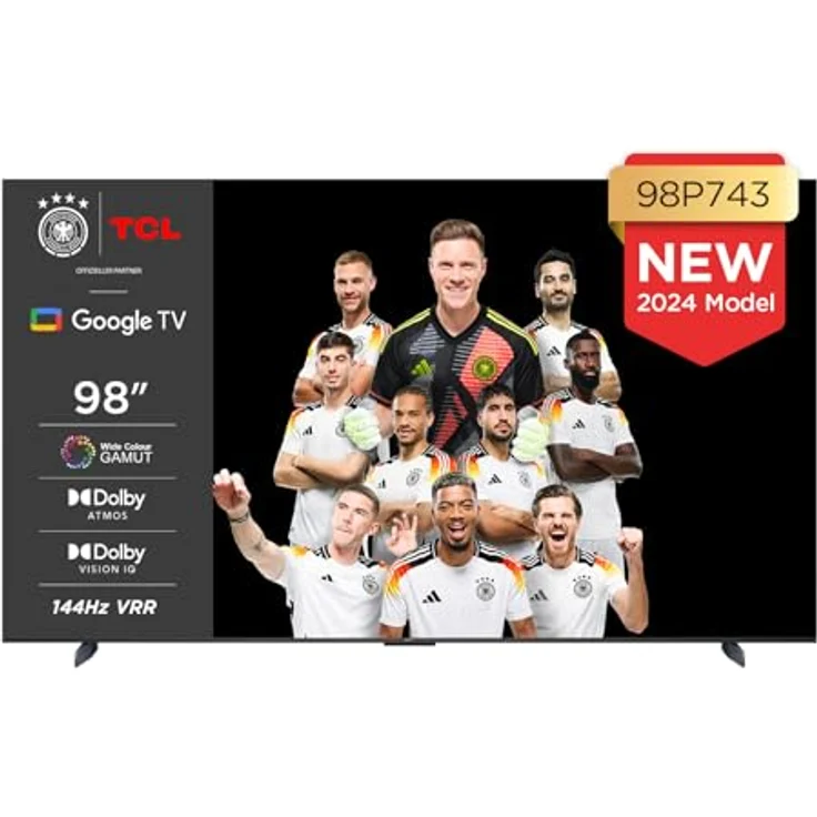 TCL 98P743 98-Zoll 4K Fernseher, WCG, UHD, HDR PRO, 144Hz, Motion Clarity PRO, Dolby Vision IQ, Dolby Atmos, AIPQ, Game Master Pro 2.0, Smart TV unterstützt von Google TV, Kompatibel mit Alexa - Schwarz – Bild 1