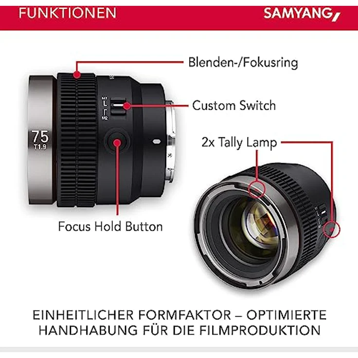 Samyang V-AF 75mm T1,9 FE für Sony E, Videoobjektiv, Auto Fokus Objektiv, Cine Lens 8K Unterstützung, Anamorphic kompatibel, Custom Switch und Custom Button – Bild 3