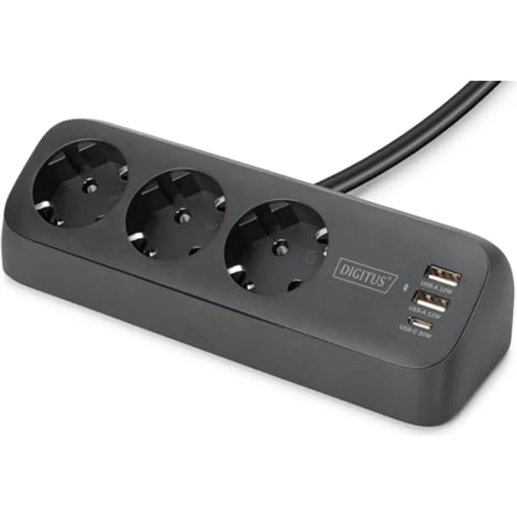 Digitus 3-fach Office-Steckdosenleiste mit 2x USB-A und 1x USB-C, Schwarz, 1.50 m, CEE 7/3, erhöhte Sicherheit – Bild 1
