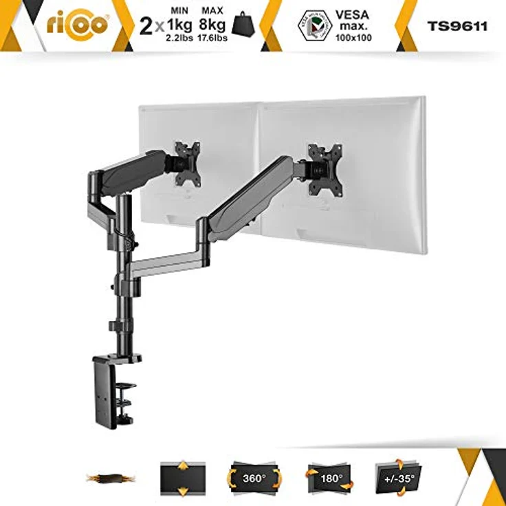 RICOO Dual Monitor Halterung Tisch Mechanische Feder für 17-32 Zoll, VESA Tischhalterung, Monitorarm TS9611, Monitorhalterung 2 Monitore Arm Bildschirmhalterung Bildschirm Halter – Bild 2