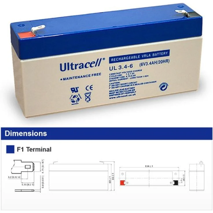 Ultracell UL 3.4-6 Bleiakku, 6 V 3,4 Ah mit Faston 4,8mm Kontakten, wartungsfrei, ABS-Hülle – Bild 4