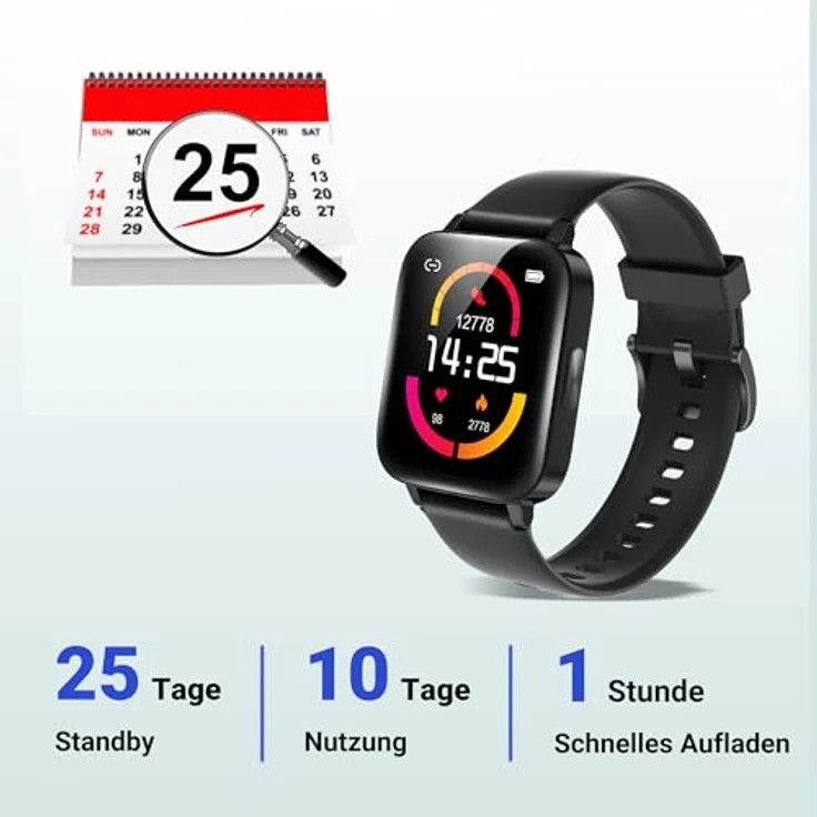 XINJI Smart Watch C1 mit Bluetooth 5.0, 1,69" Touchdisplay, Puls-/Blutsauerstoff-Messung, Kalorien-/Schrittzähler, Benachrichtigungsfunktion, App-Steuerung, Fernauslöser, 5ATM Wasserdicht, schwarz – Bild 2