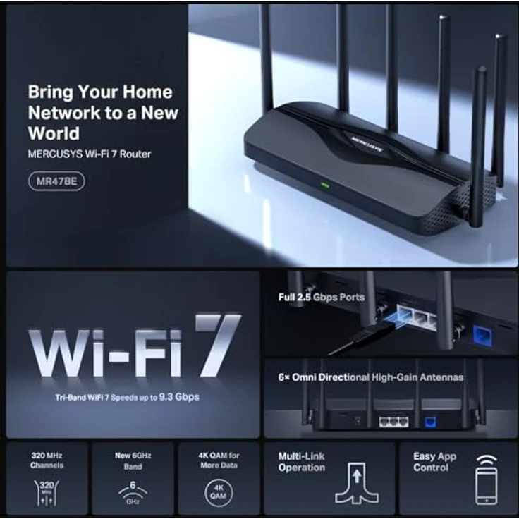 Mercusys Tri-Band BE9300 WiFi 7 Router MR47BE | 4 x 2,5G-Ports | 6 Hochleistungsantennen | 320 MHz-Kanäle | 6 GHz | Gastnetzwerk | MERCUSYS app | IPTV IPv6 WPA3 VPN | Blitzschnelle 9214 Mbps Tri-Band-Geschwindigkeiten – Bild 3