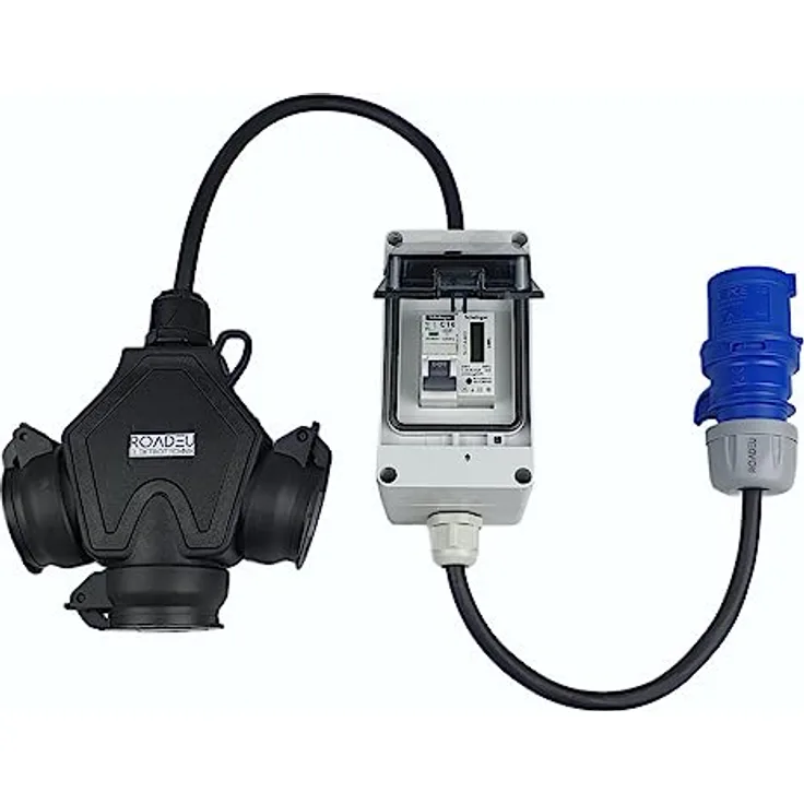 RoadEu - CEE Adapter mit Zähler und 1m Verlängerungskabel, 16A 3P auf Schuko Kupplung, IP44, Schwarz