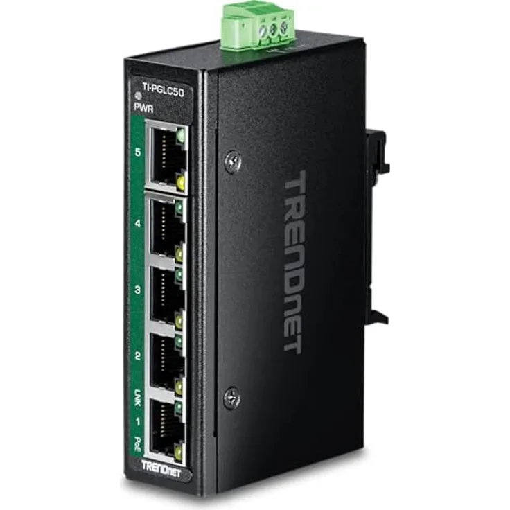 Trendnet TI-PGLC50, 5-Port Industrial Gigabit PoE+ Netzwerk Switch, IP30 Schutz, Betriebstemperatur -40°C bis 75°C, Schwarz
