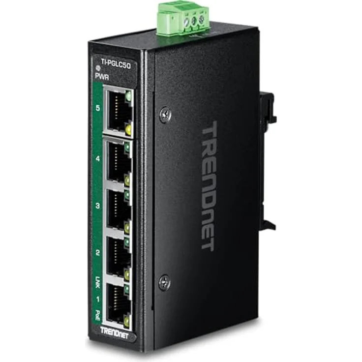 Trendnet TI-PGLC50, 5-Port Industrial Gigabit PoE+ Netzwerk Switch, IP30 Schutz, Betriebstemperatur -40°C bis 75°C, Schwarz – Bild 1