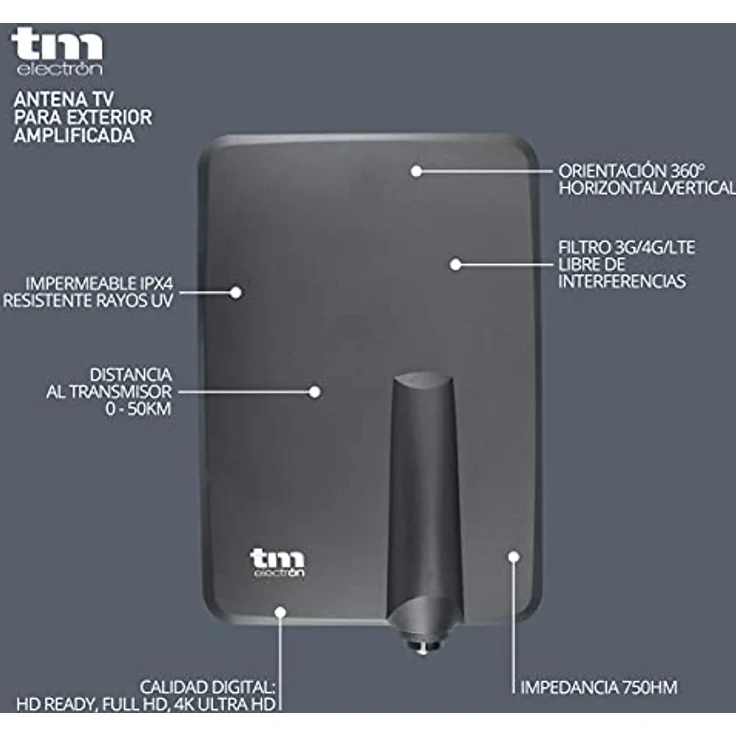 TM Electron TMANT015 TV-Antenne für Innen- und Außenbereich, mit eingebautem Verstärker 40 dB, ultrakompakt, 360-Grad-Ausrichtung, Wandmontage oder Mast und wetterfest, Schwarz – Bild 3