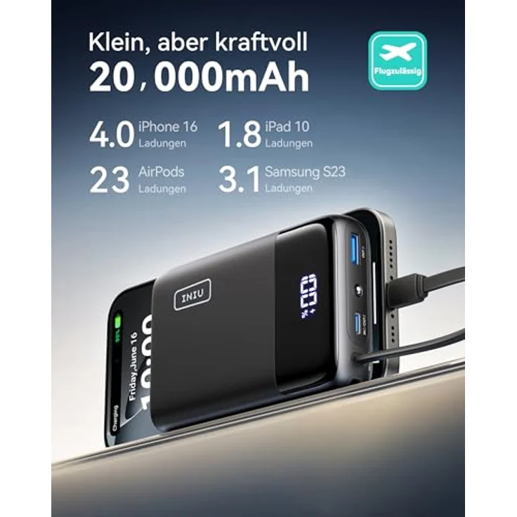 INIU 45W Power Bank, 20000mAh Klein Powerbank mit Integriertem USB-C Kabel, Minigröße Externe Handyakkus USB-C In&Out, Klein Aber Stark für iPhone 16 15 14 13 Laptop Samsung Xiaomi Redmi iPad etc – Bild 5