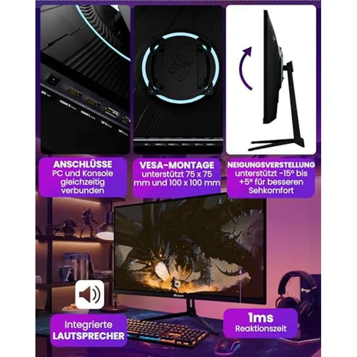 Arozzi Nova 27” Gaming Monitor, QHD 1440p, IPS, 180Hz, Adaptive Sync, HDR10, flimmerfrei, 100% sRGB, Schwarz – Bild 3