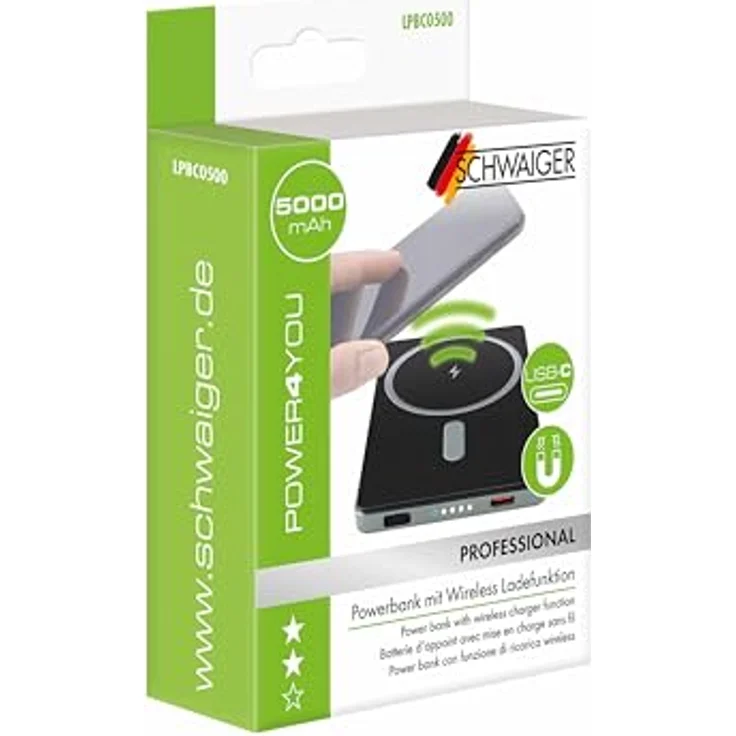 Schwaiger Powerbank LPBC0500, 5.000 mAh, QI-Ladefunktion, MagSafe-kompatibel, Wireless & USB-C, Schwarz – Bild 5