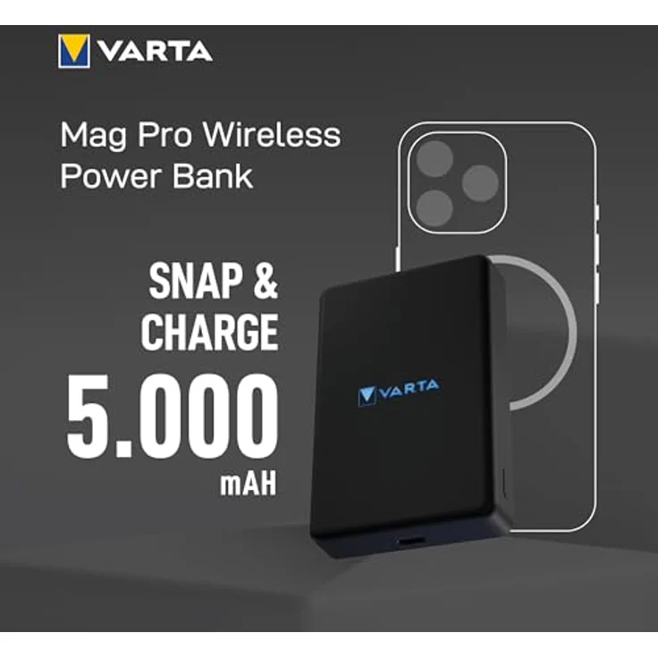 VARTA Mag Pro Power Bank 5.000mAh, magnetische kabellose Powerbank, kompatibel mit MagSafe & Qi, 7,5W, USB Typ C, schwarz – Bild 5