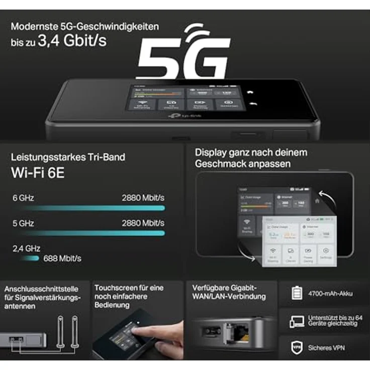 TP-Link M8550 5G LTE Mobiler WLAN Router, 3,4 Gbit/s, Tri-Band Wi-Fi 6E, 4680 mAh Akku, Touchscreen, bis zu 32 Geräte – Bild 5