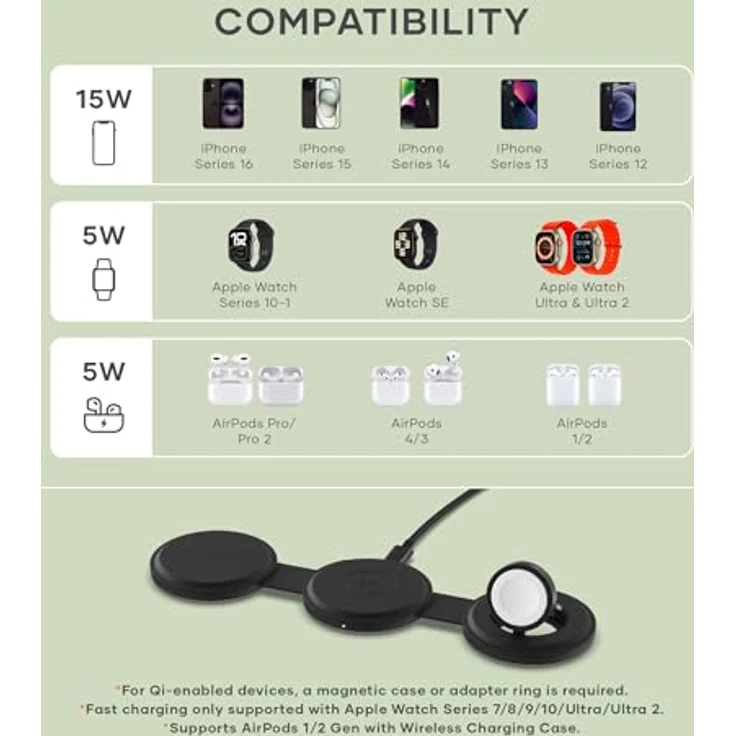 Satechi Onthego 3-in-1 Wireless Charger, vielseitiges Ladegerät für iPhone, Apple Watch und AirPods, schwarz, 15W Qi2 Technologie – Bild 8