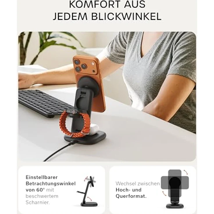 SATECHI 3-in-1 Qi2 Kabellose Induktive Ladestation – 25W Magnet-Schnellladegerät für iPhone 17, Apple Watch Series 11 & AirPods – Faltbare Ladestation mit 45W USB-C Ladeadapter – Space Schwarz – Bild 3