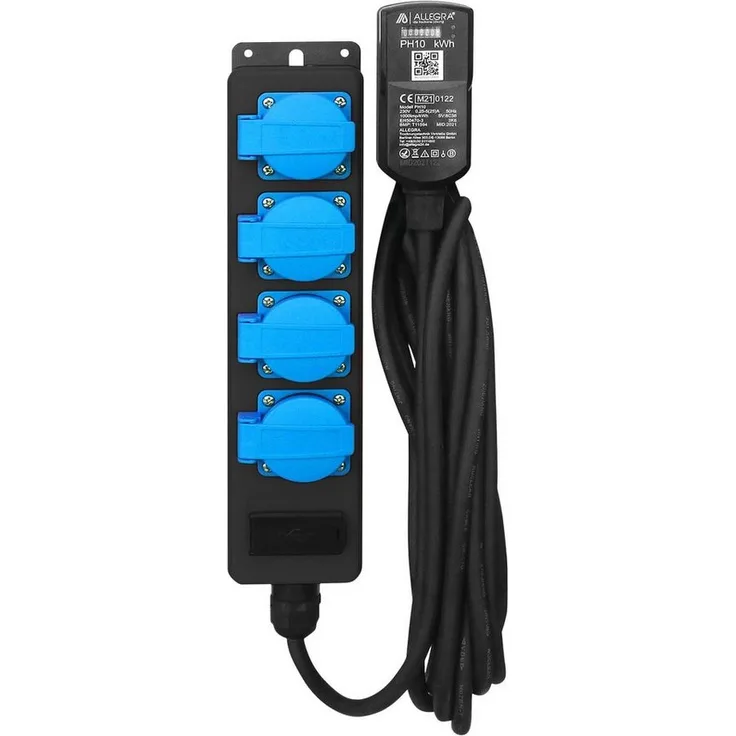 ALLEGRA 4-fach Verteilersteckdosenleiste mit USB und MID Stromzähler PH10, spritzwassergeschützt, ideal für Gewerbe und Baustelle