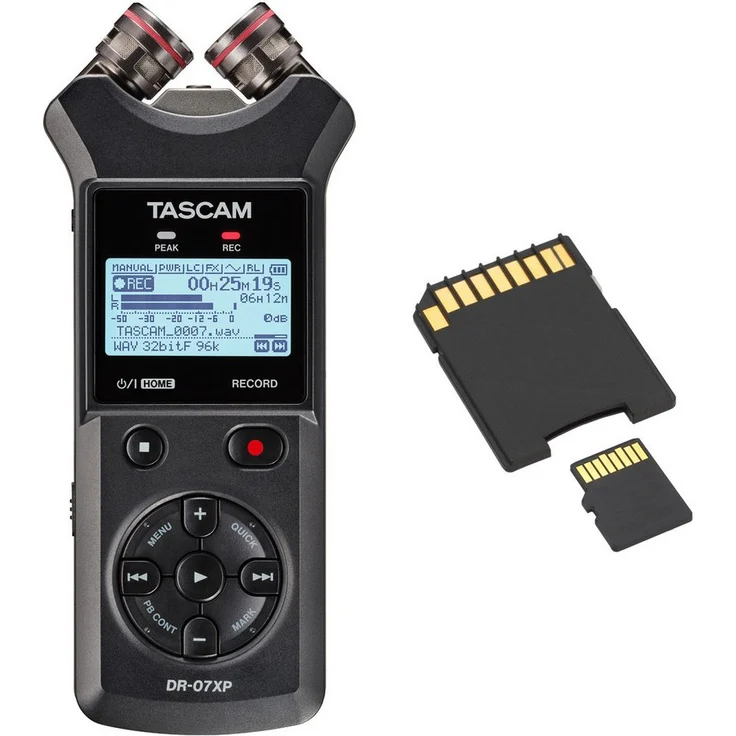 Tascam DR-07XP, 2-Kanal Audio-Recorder mit 32-Bit-Float-Technologie, SD-Karte 32 GB, USB-C, integriertes Stimmgerät, bis zu 17,5 Stunden Betriebszeit