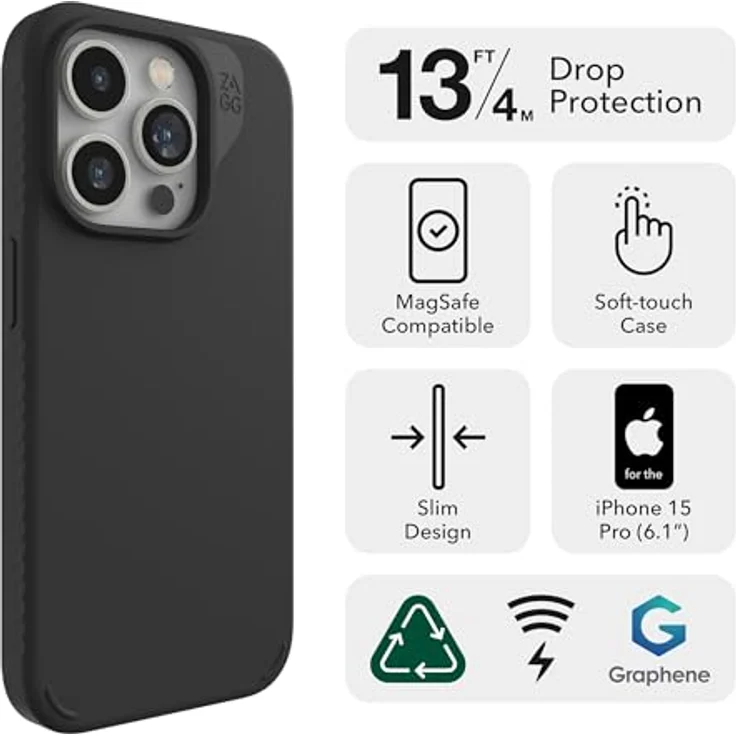 ZAGG Manhattan Snap, Graphen-verstärkte Hülle für iPhone 15 Pro [6.1-Inch], MagSafe kompatibel, schlankes und weiches Design, stossfeste Abdeckung für die Rückseite (Schwarz) – Bild 2