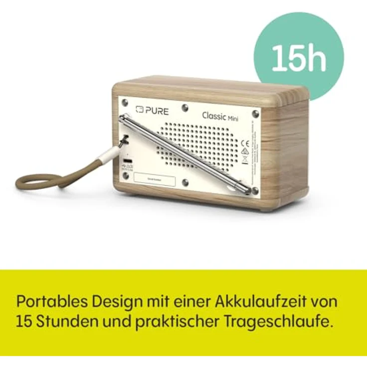 Pure Classic Mini Tragbares Digitalradio – DAB+ & UKW-Radio – Bluetooth 5.3 – 15 Stunden Akkulaufzeit – 2 Equalizer-Optionen – 2,4 Zoll Farbdisplay – Trageband – Baumwoll-Weiß/Eiche – Kompakt & leicht – Bild 3