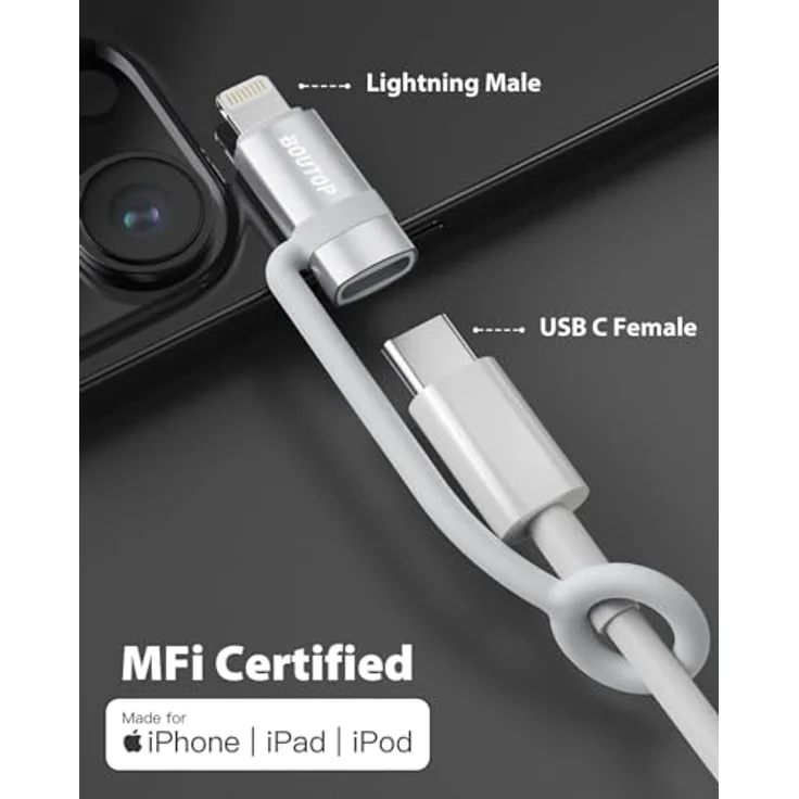 BOUTOP 3 Stück 36W USB C auf Lightning Adapter, Apple MFi zertifiziert, mit Anti-Verlust-Seil für iPhone 14/13, iPad Air 4/Mini 5 - Silber – Bild 4