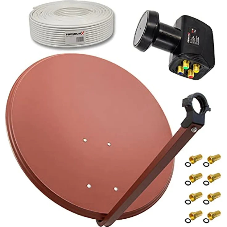 PremiumX SAT Anlage 80cm, Ziegelrote Antenne mit Quad LNB, 50m Kabel und 8x F-Stecker, HD geeignet – Bild 1