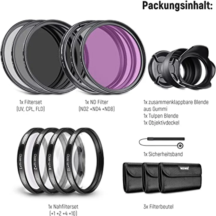 Komplettes Objektivfilter-Zubehör-Kit, 67 mm, von Neewer® für Objektive mit Filtergröße 67 mm:UV-, CPL-, FLD-Filter-Set + Makro-Nahaufnahmen-Set (+1, +2, +4, +10) + ND-Filter-Set (ND2, ND4, ND8) + andere. – Bild 9