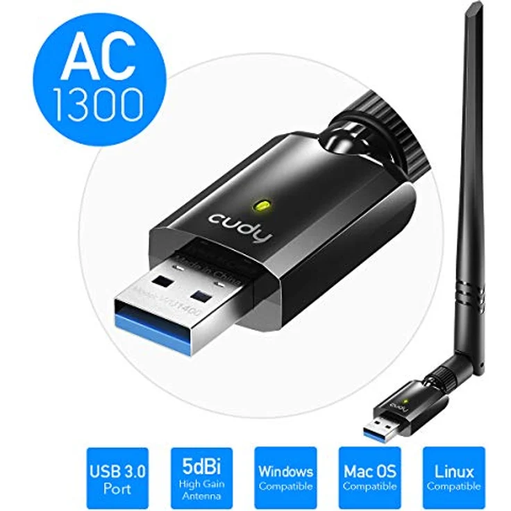 Cudy WU1400 AC1300Mbit/s WiFi-USB 3.0-Adapter für PC, 5 GHz / 2,4 GHz, 5dBi High Gain Antenne, kompatibel mit Windows 7/8/8.1/10, Mac OS, Linux – Bild 2