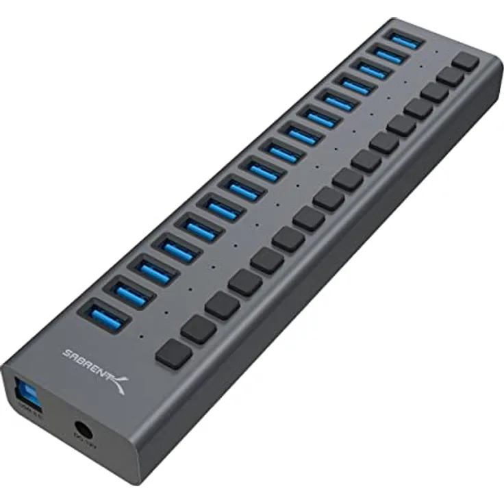 SABRENT 16 Port USB hub aktiv 3.2 gen1 und USB Ladegerät 90W Mehrfach Schnellladegerät mit Netzteil, USB Adapter,Verteiler Ladestation, Powered USB hub mit EIN/AUS-schaltern (HB-PU16)