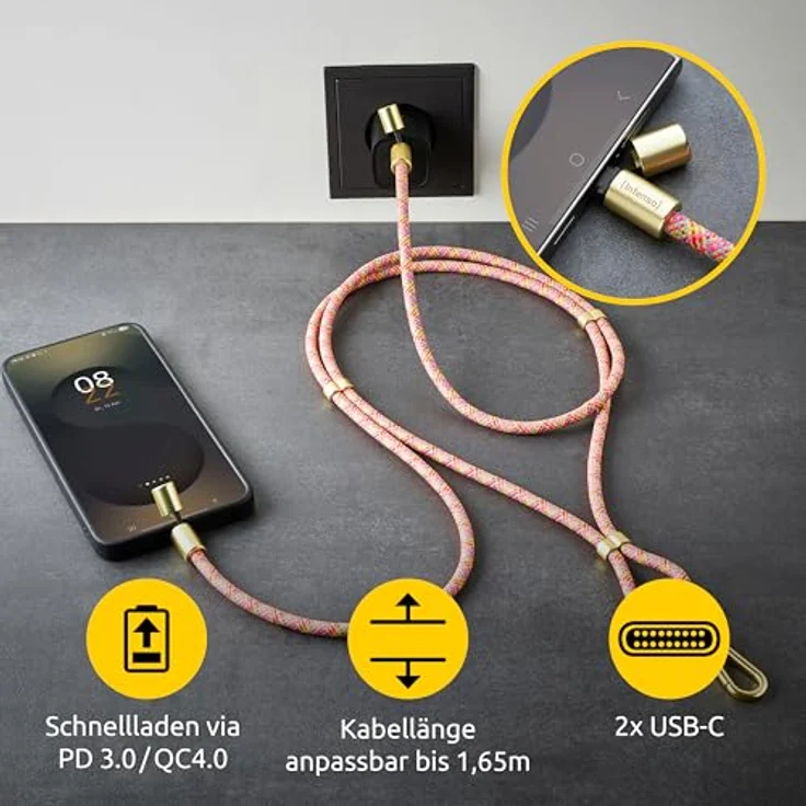 Intenso USB-C Lade- und Datenkabel Handykette, 60W PD3.0 QC4.0, 1,65 m größenverstellbar, neon Mix – Bild 4
