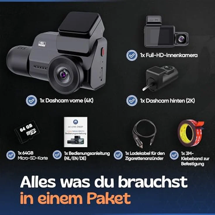 Camigoo M800 Pro – 4K 3CH Dashcam mit WLAN und GPS, Front-, Heck- und Innenkamera, 64 GB SD-Karte, G-Sensor und IR-Nachtsicht – Bild 3