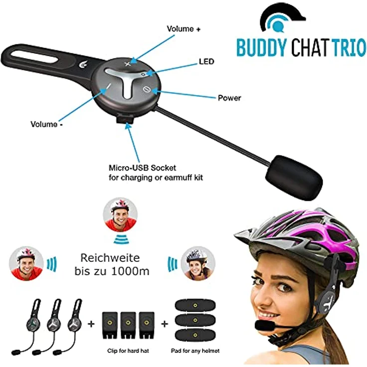 BuddyChat Buddy Chat Trio Bluetooth-Kopfhörer (bis zu 1000m Reichweite, Gegensprechanlage für bis zu 3 Teilnehmer) – Bild 2
