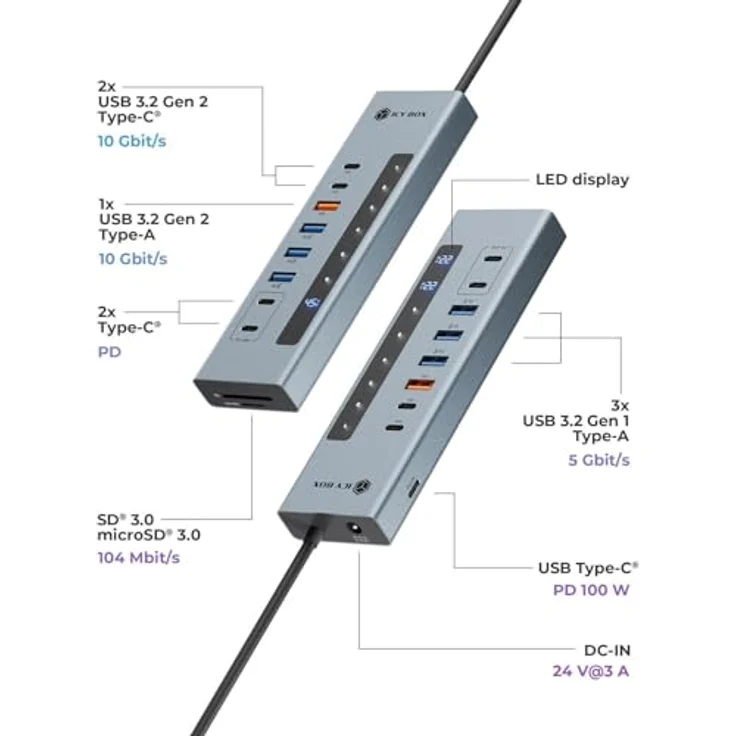 ICY Box IB-HUB1742CR-C2PD, 11-in-1 USB-C Hub mit 2x USB-C (10 Gbit/s), 4x USB-A (5/10 Gbit/s), 100 W PD, SD/microSD UHS-I Kartenleser, Aluminiumgehäuse – Bild 3