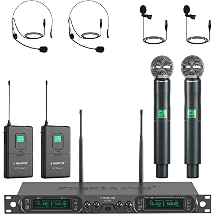 Phenyx Pro PTU-5000-2H2B, 4-Kanal UHF Funkmikrofon-System mit stabiler Signalübertragung und flexibler Anwendung, inkl. 2 Hand- und 2 Ansteckmikrofone