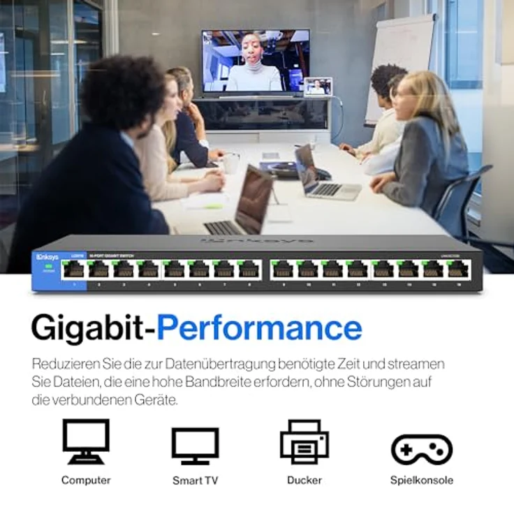 Linksys LGS116-EU 16-Port Unmanaged Gigabit Netzwerk Switch (Lüfterlos, Auto Sensing, Energiesparfunktion) schwarz – Bild 4